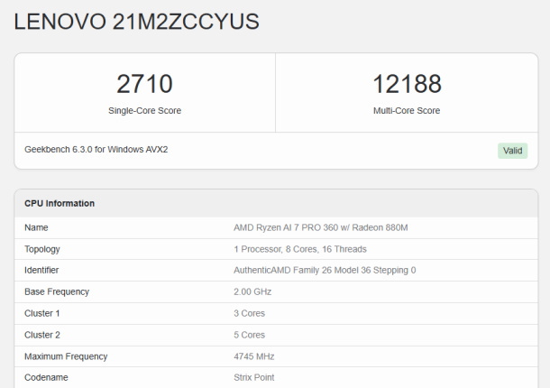 Geekbench6 Ryzen AI 7 PRO 360