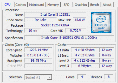 CPU-Zのスペック情報 Core i5-1035G1
