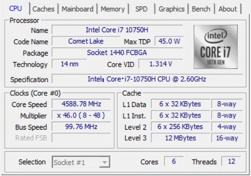 CPU-Z Core i7-10750H