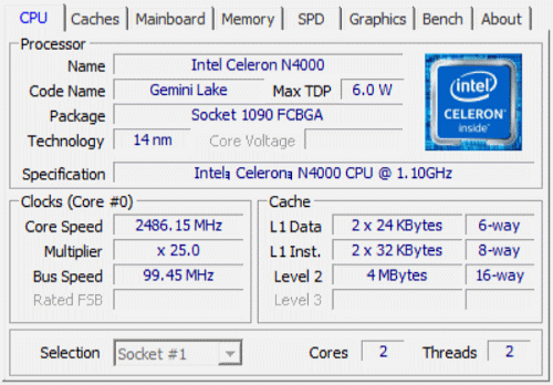 Intel Celeron N4000 CPU-Z