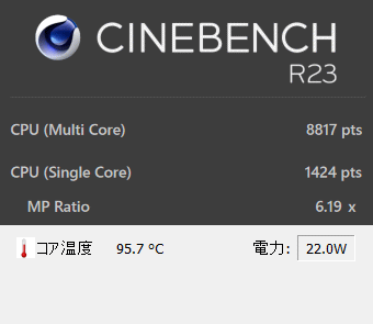 HP ENVY x360 13-ay 最適モードでの Cinebench R23 結果とCPU温度