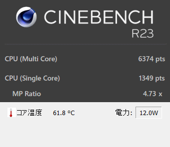 HP ENVY x360 13-ay 静音モードでの Cinebench R23 結果とCPU温度