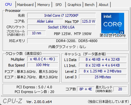 Core i7-12700KF, CPU-Z