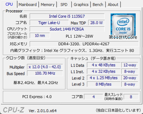 Core i5-1135G7, CPU-Z