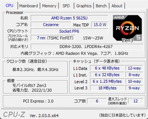 Ryzen 5 5625U, CPU-Z