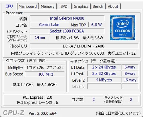 Celeron N4000, CPU-Z