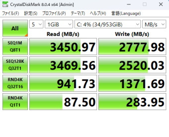 raytrek 4CXFi, CrystalDiskMark NVMe SSD用測定, Intel SSD 670p