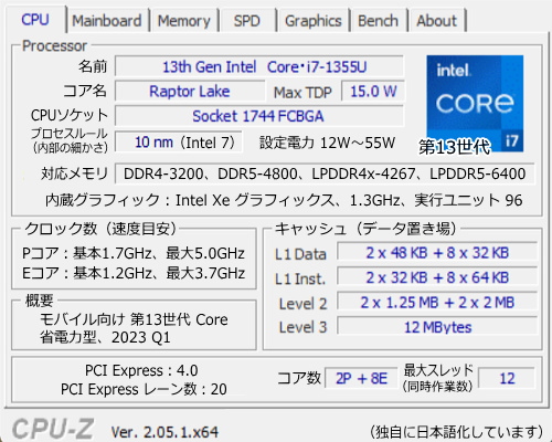 Core i7-1355U, CPU-Z