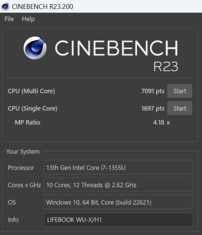 Core i7-1355U, Cinebench R23, LIFEBOOK WU-X/H1