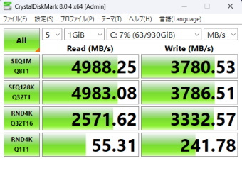 GALLERIA XA7R-R47 9700X搭載, Crystal Disk Mark, NVMe SSD mode