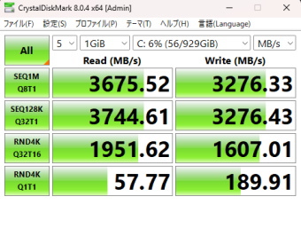 G-Tune DG-A5G60（Ryzen 5 9600X 搭載）, Crystal Disk Mark, NVMe SSD mode