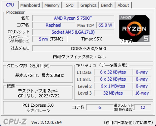 Ryzen 5 7500F, CPU-Z