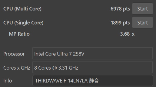 Core Ultra 258V, CINEBENCH R23, THIRDWAVE F-14LN7LA 静音モード